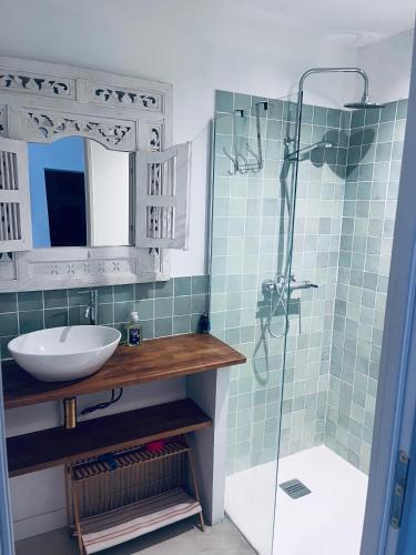 une salle de bain avec un lavabo et une douche dans l'établissement L'Ostal des Embruscalles, à Claret