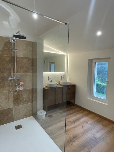 une salle de bain avec une douche en verre et un lavabo dans l'établissement A l Ombre du Chene Gite Saint Emilion, à Saint-Christophe-des-Bardes