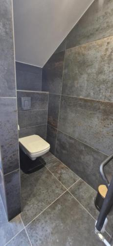 a bathroom with a toilet and a tile wall at Kapitány MP Art Luxury Apartman in Balatonboglár