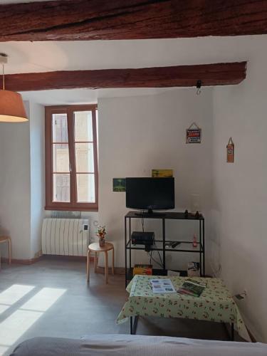 un salon avec un lit et une télévision dans l'établissement La montée des Pénitents, à Saint-Chamas