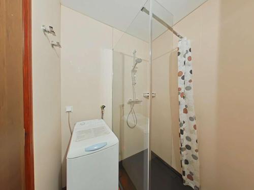 une salle de bain avec douche et machine à laver dans l'établissement GRAND BORNAND, Appt 2 Pièces 5 Couchages, Calme, Cheminée, Navettes proches - FR-1-241-142, au Grand-Bornand