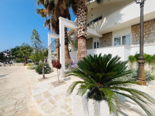 a house with palm trees in front of it at Apartments and Rooms Mateša in Vodice