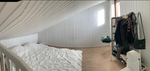 une chambre avec un lit blanc à baldaquin dans l'établissement Duplex marché de Talensac au cœur de Nantes, à Nantes