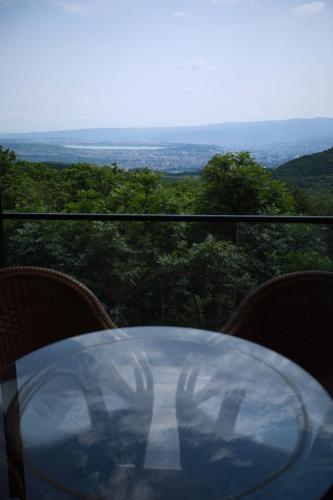 a glass table with two chairs and a view of trees at Villa Vejini in Mamkoda