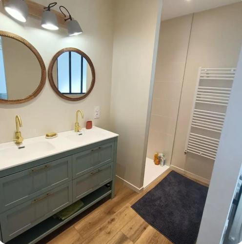 une salle de bain avec un lavabo et un miroir dans l'établissement Chambre cosy avec salle de bain privative, au Mans