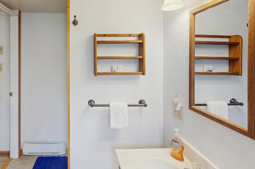 a bathroom with a sink and a mirror at Harbor View Studio Cottage in Gold Beach