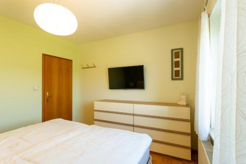 a bedroom with a bed and a flat screen tv at Apartment in the Village in Petrovče
