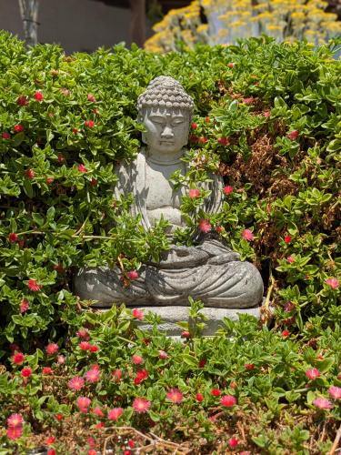 a statue sitting in a garden of flowers at Casa Celeste Trabuco in Villanueva del Trabuco