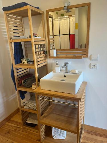 une salle de bain avec un lavabo et un miroir dans l'établissement Villa en bois tout confort, à Bize-Minervois