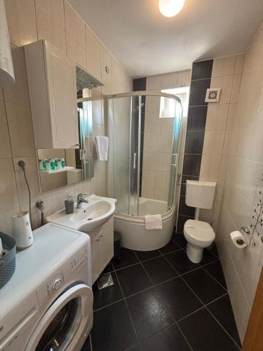 a bathroom with a shower sink and a toilet at Apartments Villa Katija in Drvenik