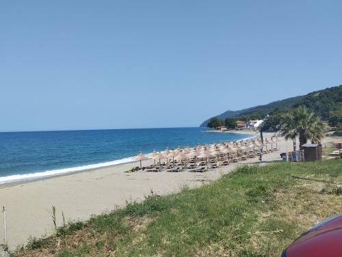 a beach with a bunch of chairs and the ocean at Eleni Kandilari Rooms in Kókkinon Nerón