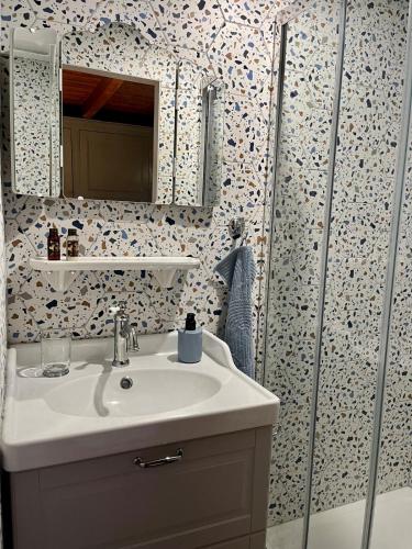 une salle de bain avec un lavabo et une douche dans l'établissement La Stuga, Gîte cocooning au cœur des volcans, à Ludesse