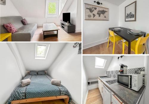 - une chambre avec un lit et une table dans l'établissement Charmant studio - vue parc- proche transports, à Tours