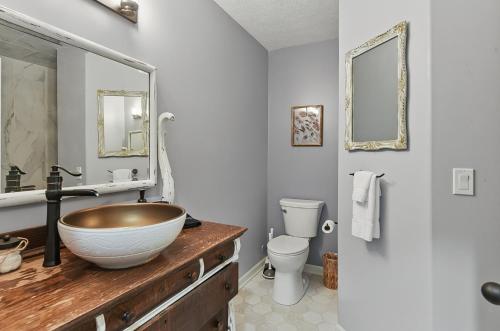 a bathroom with a large bowl sink and a toilet at Spacious Country Farmhouse Retreat, Sleeps 16, Pool, Movie Room in Papillion