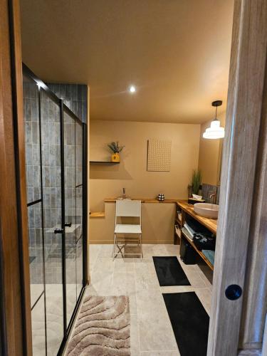 La salle de bains est pourvue d'un lavabo et d'un comptoir. dans l'établissement La ferme de Cruz chez Lisa, à Cruzilles-lès-Mépillat