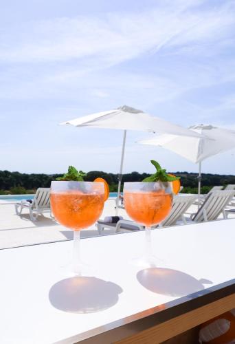 two cocktails sitting on a table with an umbrella at Monte de São Francisco Country House in Vale de Maceira