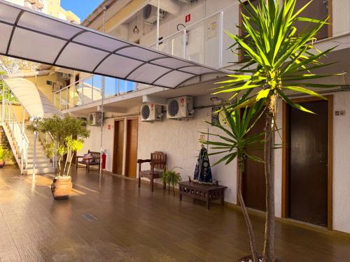 eine Lobby mit einer Palme in einem Gebäude in der Unterkunft Hotel do Reinildo II in Cachoeira Paulista