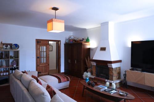 a living room with a couch and a fireplace at Monte de São Francisco Country House in Vale de Maceira