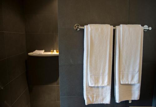 two towels hanging on a towel rack in a bathroom at Auberge de la Croix Blanche in Villarepos