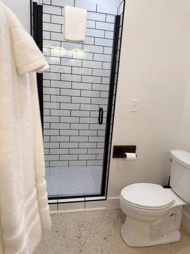 a bathroom with a toilet and a glass shower at Cozy Cure Apartment in Downtown and Historic Pilot Mountain in Pilot Mountain