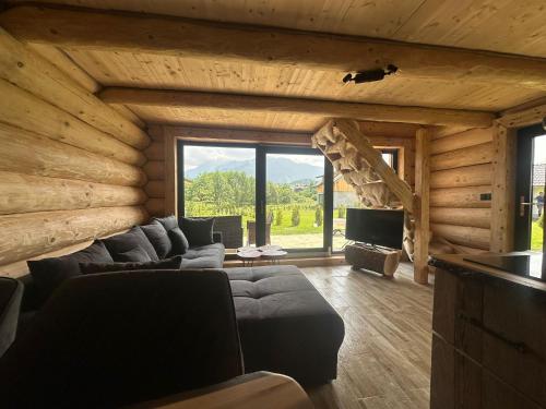 a living room with a couch and a tv at Cabana de la Stână in Râşnov