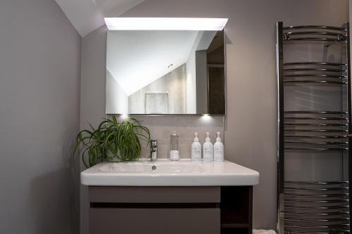 a bathroom with a sink and a mirror at Curlew Loft in Lancaster