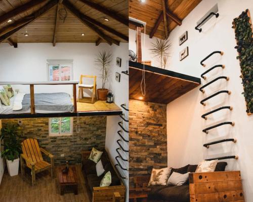 a room with a loft bed and a room with a couch at Tiny House in the Mountains in San Cristóbal
