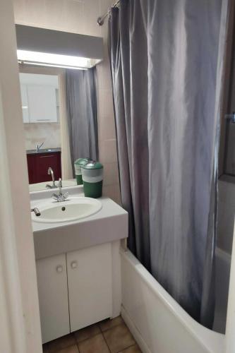 une salle de bain avec un lavabo et un rideau de douche dans l'établissement Jolie Studio dans Village de vacances - Hawaï 3, à Canet