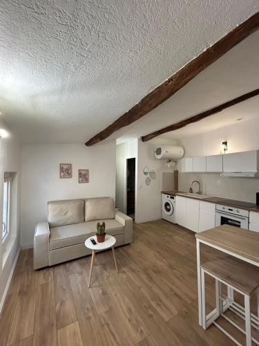 un salon avec un canapé et une table dans l'établissement Joli T2 en plein coeur de Saint Maximin, à Saint-Maximin-la-Sainte-Baume
