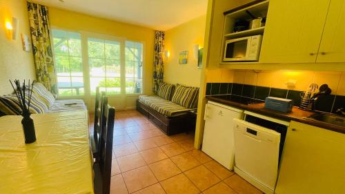 Il comprend une cuisine et un salon avec un canapé et un four micro-ondes. dans l'établissement Piscine chauffée vue sur la Dordogne, à Argentat