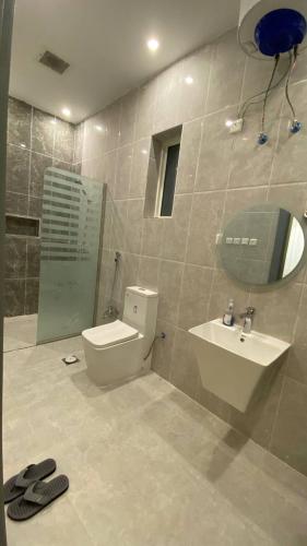 a bathroom with a sink and a toilet and a mirror at بلو هيفن in As Sayl aş Şaghīr