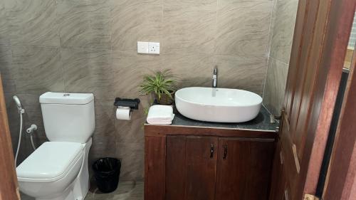 a bathroom with a sink and a toilet at Tuktuk Cabanas in Negombo