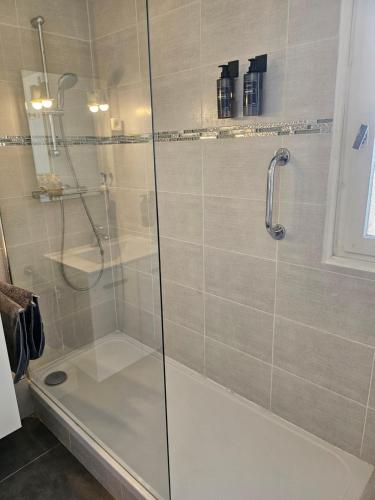 une douche avec une porte vitrée dans une salle de bain dans l'établissement F2 avec grand balcon quartier gare!, à Metz