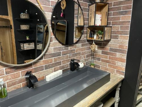 une salle de bain avec un lavabo et un miroir dans l'établissement Maison à la campagne avec piscine hors sol, à Saint-Germain-Nuelles