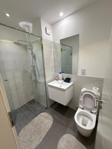 a bathroom with a shower and a toilet and a sink at Jojo Studio at Airport Residential in Accra