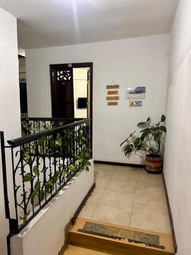 a hallway with a black door and a plant at Hotel Santa Marta Centro Histórico in Popayan