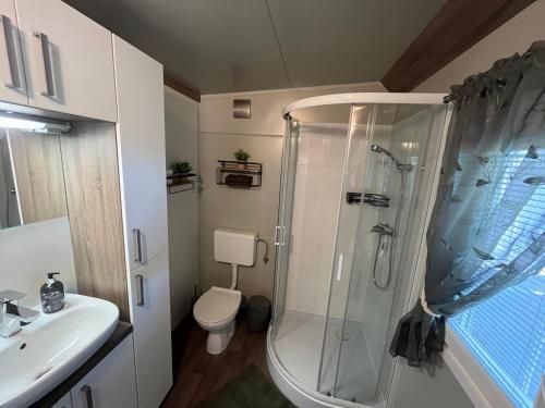 a bathroom with a shower and a toilet and a sink at Solana in Drage