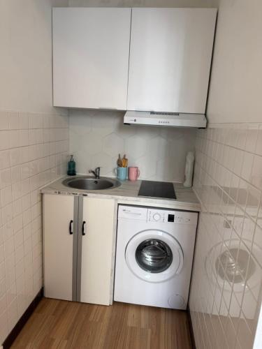 une cuisine avec une machine à laver et un évier dans l'établissement Chez Bleu, à Villejuif