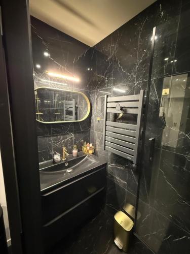 La salle de bains noire est pourvue d'un lavabo et d'une douche. dans l'établissement Le secret du Moulin, à Paris