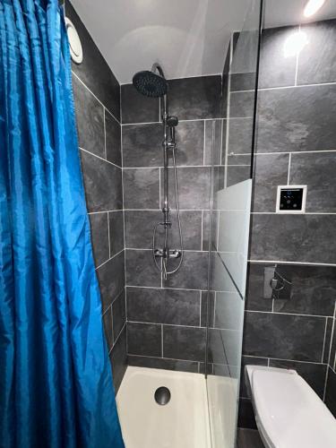 une salle de bain avec une douche avec un rideau de douche bleu dans l'établissement Magnifique Studio dans résidence avec Piscine, à Antibes