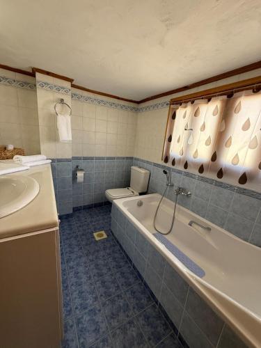 a bathroom with a tub and a toilet and a sink at Traditional House in Pámfylla