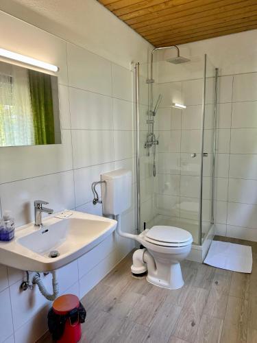 a bathroom with a toilet and a shower and a sink at Gasthaus & Pension Bracki gusti in Baden-Baden