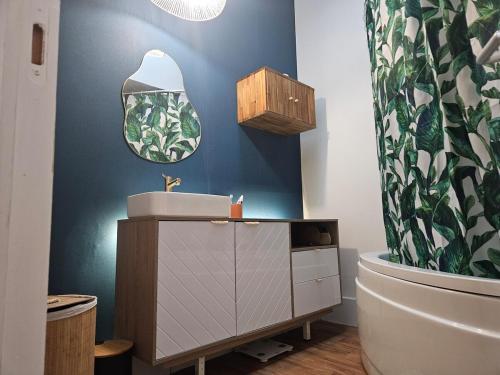 une salle de bain avec un lavabo et un miroir dans l'établissement Maison Biarritz proche plage, à Biarritz