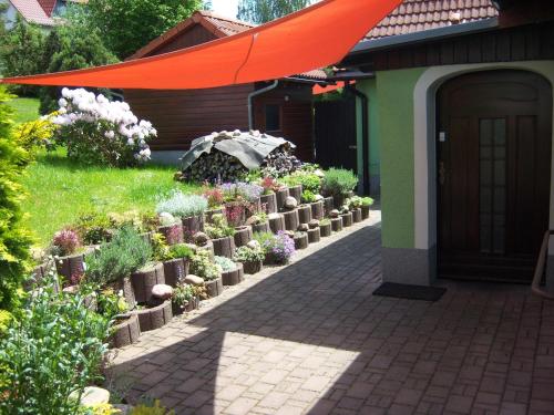 a garden with potted plants and an orange umbrella at Geräumige Ferienwohnung Mit Terrasse, In Günstiger Zentraler Lage In Der Oberlausitz, Idealer Ausgangspunkt Für Vielerlei Ausflüge In Die Umgebung in Crostwitz