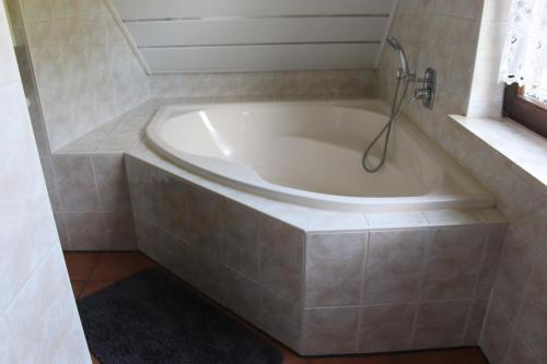 a bath tub with a shower in a bathroom at Geräumige Ferienwohnung Mit Terrasse, In Günstiger Zentraler Lage In Der Oberlausitz, Idealer Ausgangspunkt Für Vielerlei Ausflüge In Die Umgebung in Crostwitz