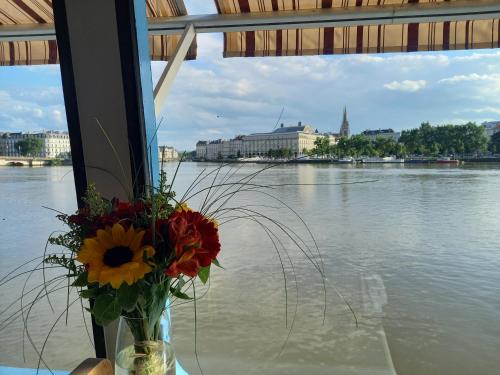 un vase avec des fleurs sur une table à côté d'une fenêtre dans l'établissement Péniche UHARTEA chambre d'hôtes 