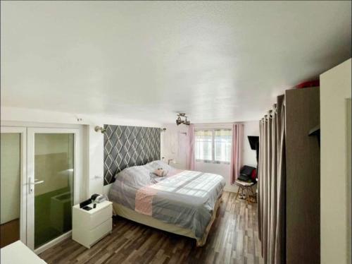 - une chambre avec un lit et une douche dans l'établissement Les cigales les pieds dans l'eau, à Valras-Plage