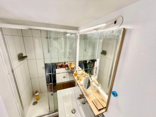 une salle de bain avec un miroir et un lavabo dans l'établissement Les cigales les pieds dans l'eau, à Valras-Plage