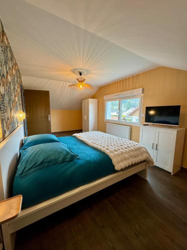 a bedroom with a bed and a television in it at Gîte le Faune et Flor', au coeur de la nature in Granges-Aumontzey
