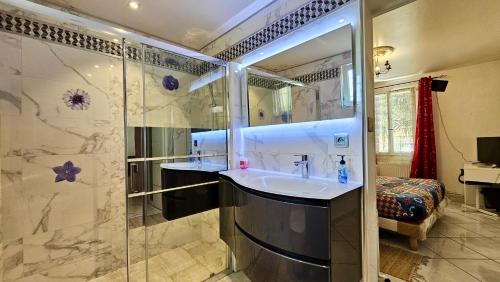 a bathroom with a sink and a shower at Maison de Vacances mais pas de fêtes in Stains